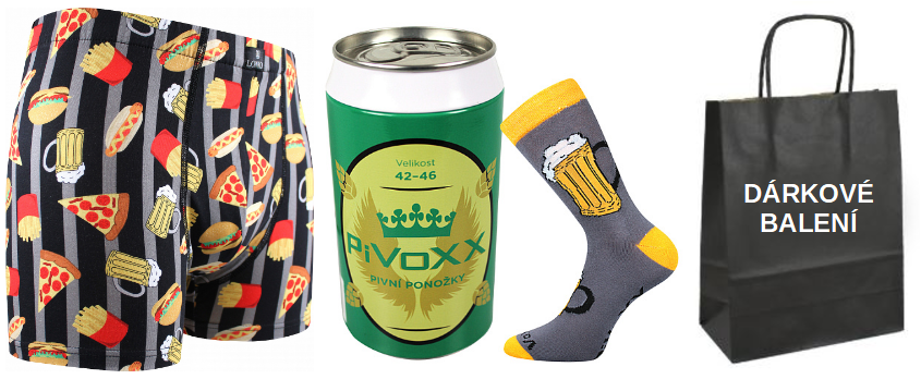 Pánské ponožky LONKA PivoXX v plechovce + boxerky LONKA Kevin fastfood